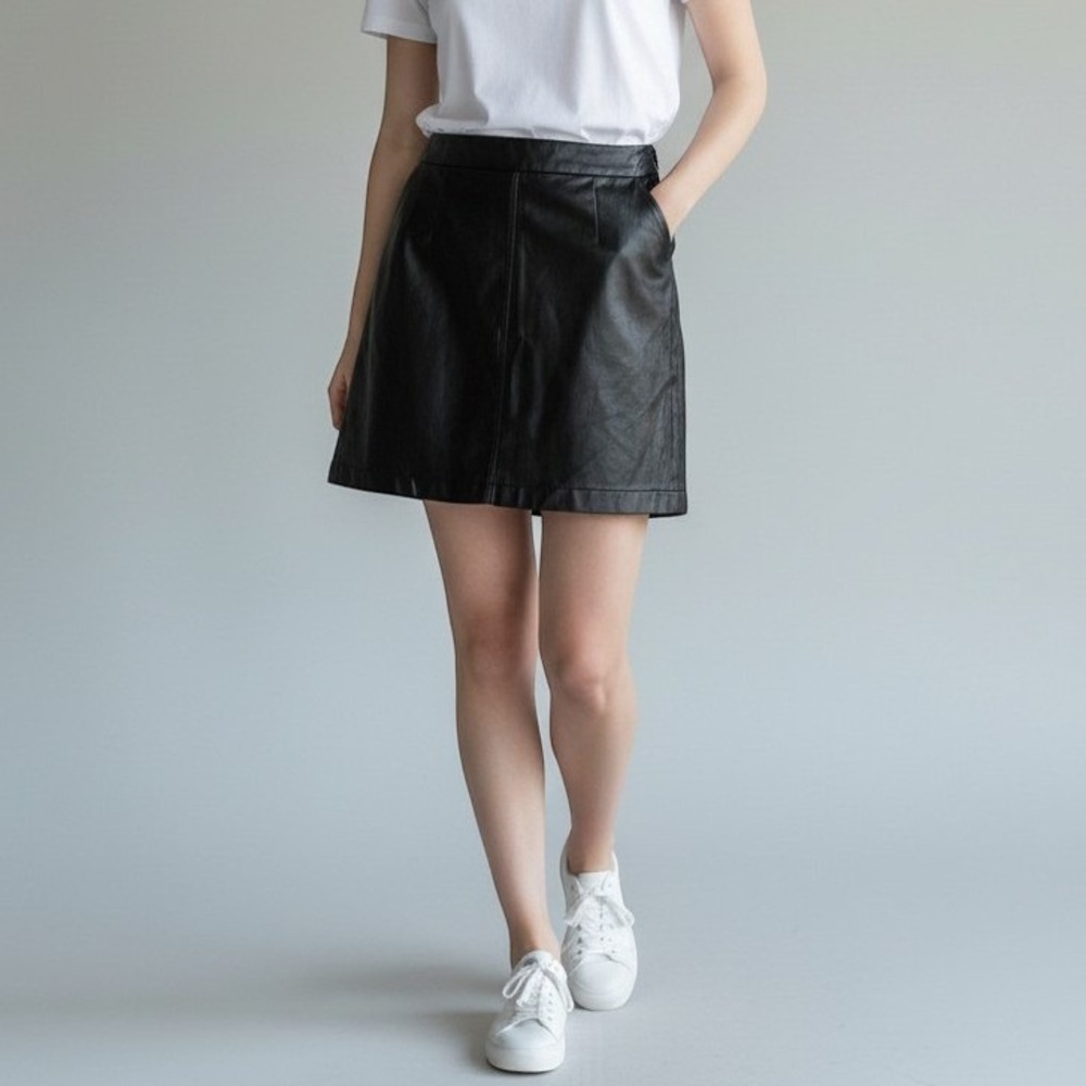 French‎ Connection Faux Leather Mini Skirt Women's 8 Black A-Line Side Zip Edgy